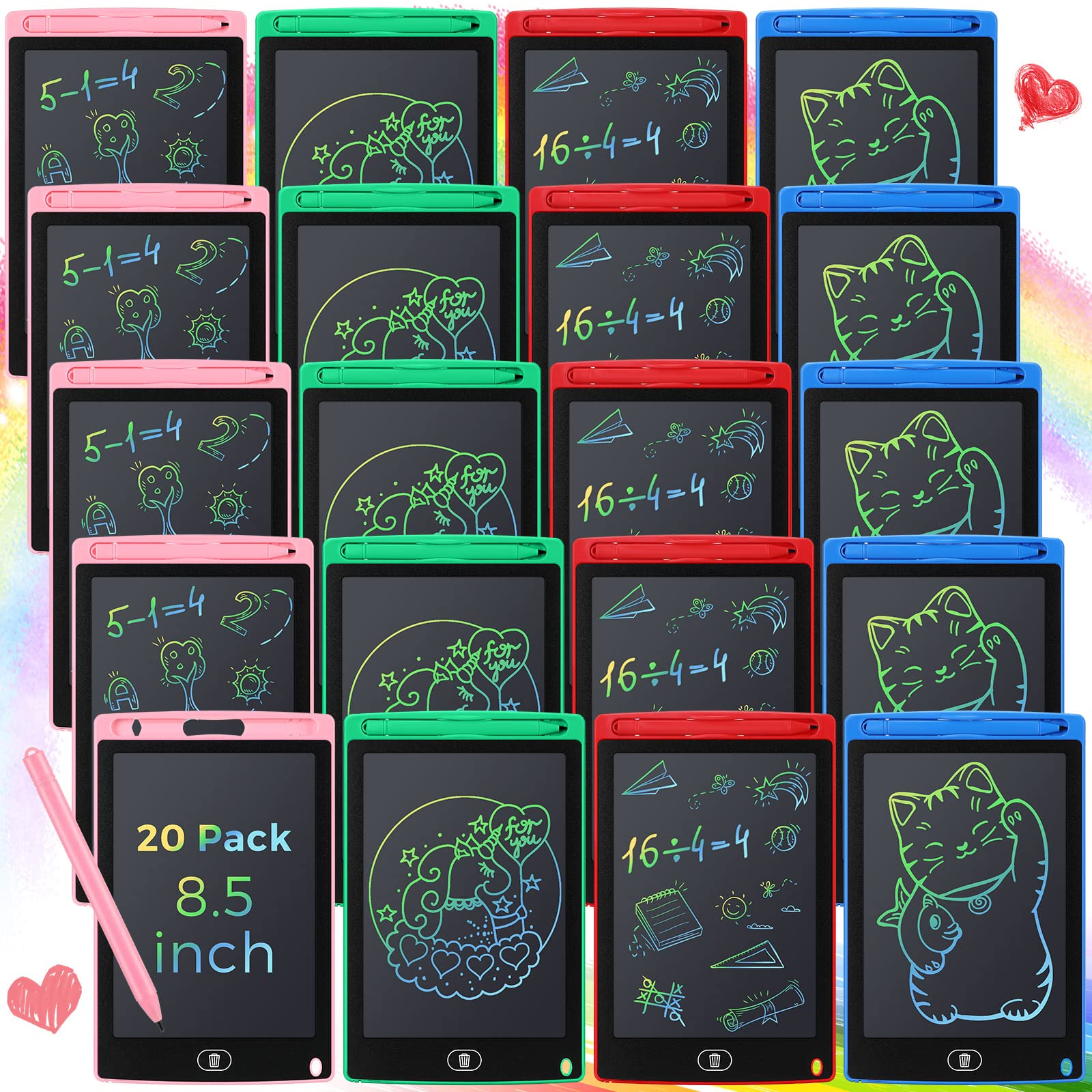 Zhehao 20 Pack 8.5 Inches Reusable LCD Writing Board for Kids (Blue, Red, Green, Pink) Educational Toy for 3-8 Years